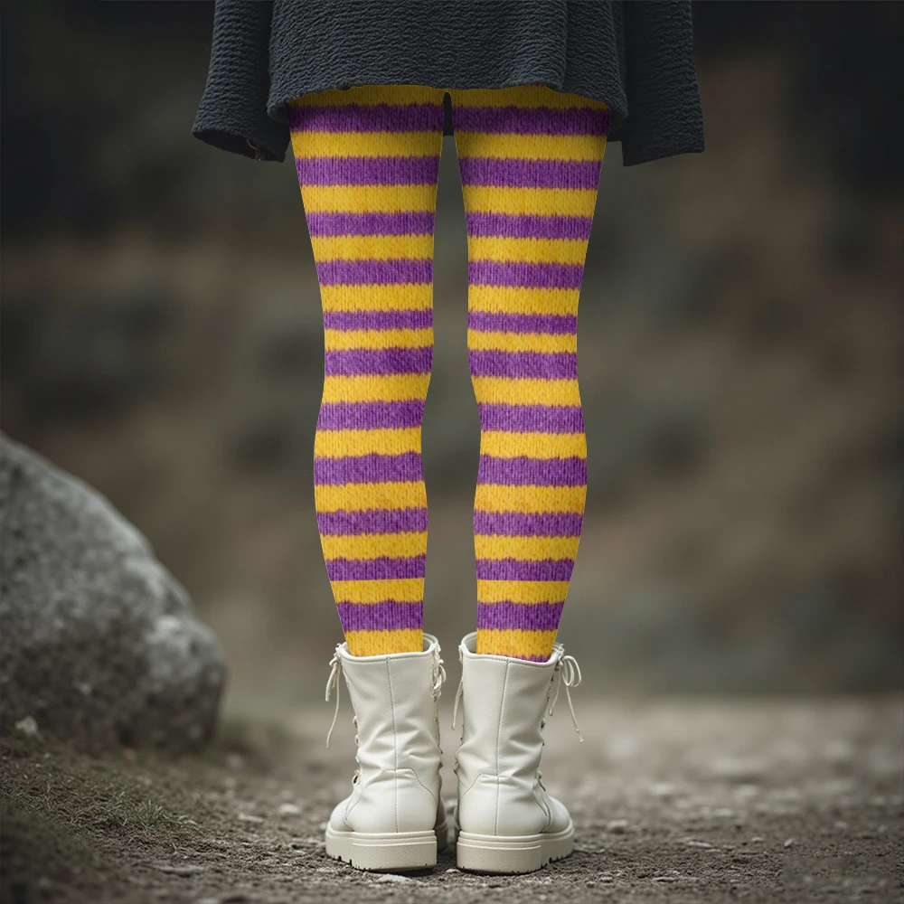 Yellow Purple Wide-Stripe Printed Legging Imitation Embroidery Black Cat High-Waisted Warm Pants for Autumn Winter Fashion