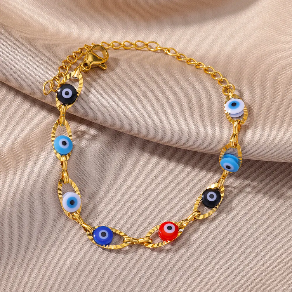 Vintage-Armband mit dem Symbol des bösen Blicks, für Damen, goldfarben, aus Edelstahl, mit Gliederkette, als Schutzamulett, Glücksbringer, Schmuckstück, Geschenk für Partys. – Detail 1