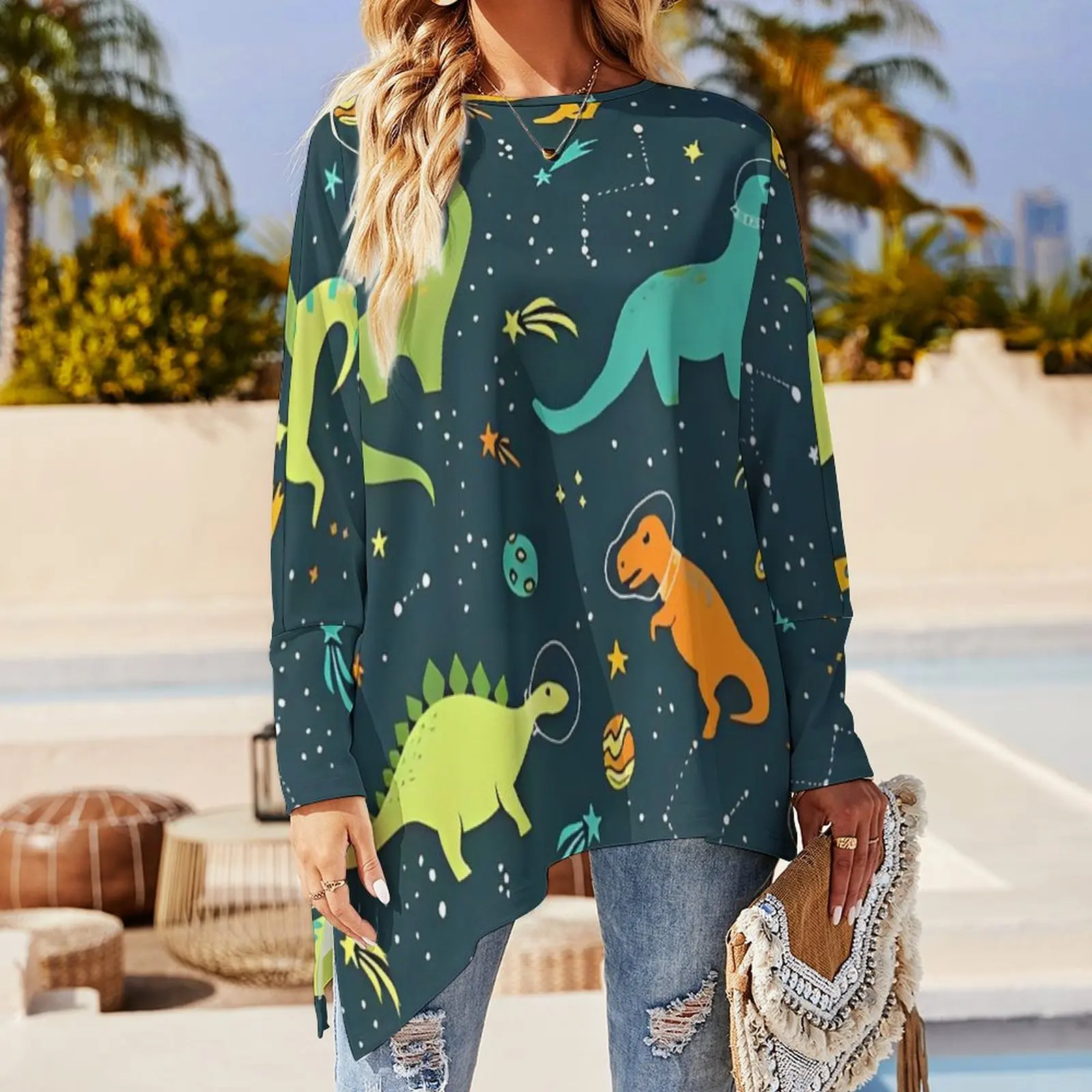 Dinosaurs Space T Shirt Cartoon Animal Pretty Long-Sleeve T-Shirts Casual Loose Big Size Tees Womens Design Clothing Gift Idea