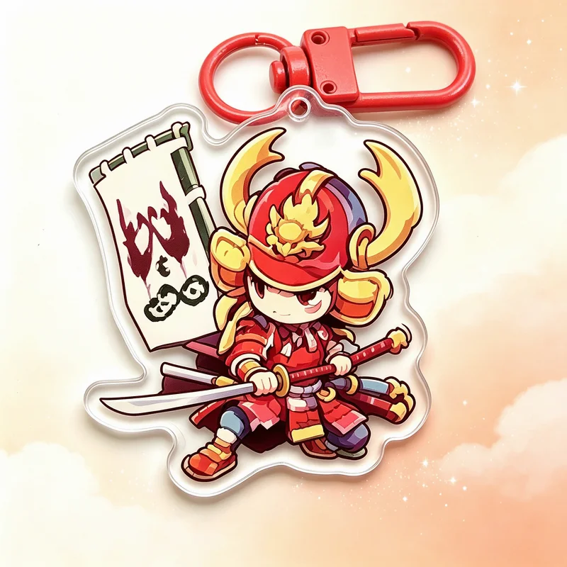 Cute Chibi Japanese Anime Boy Acrylic Keychain Samurai Warrior Horn Demon Fire Cape Katana Character Pendant Red Orange Buckle C