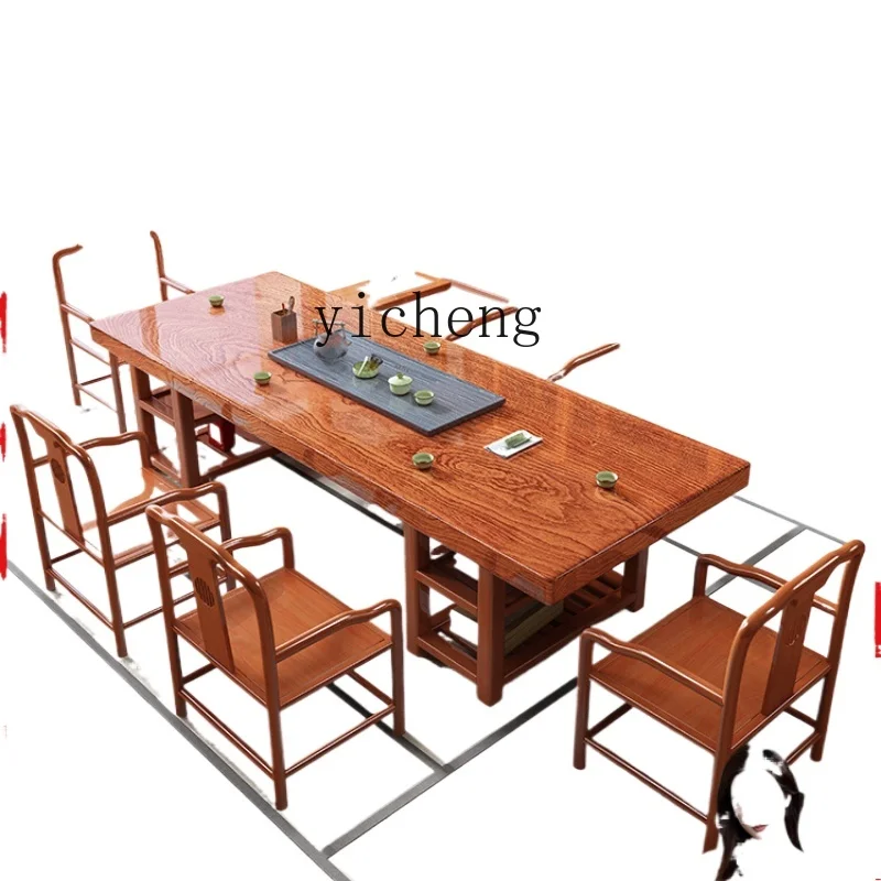 

TQH tea table and chair combination one table and five chairs black rosewood large board tea table