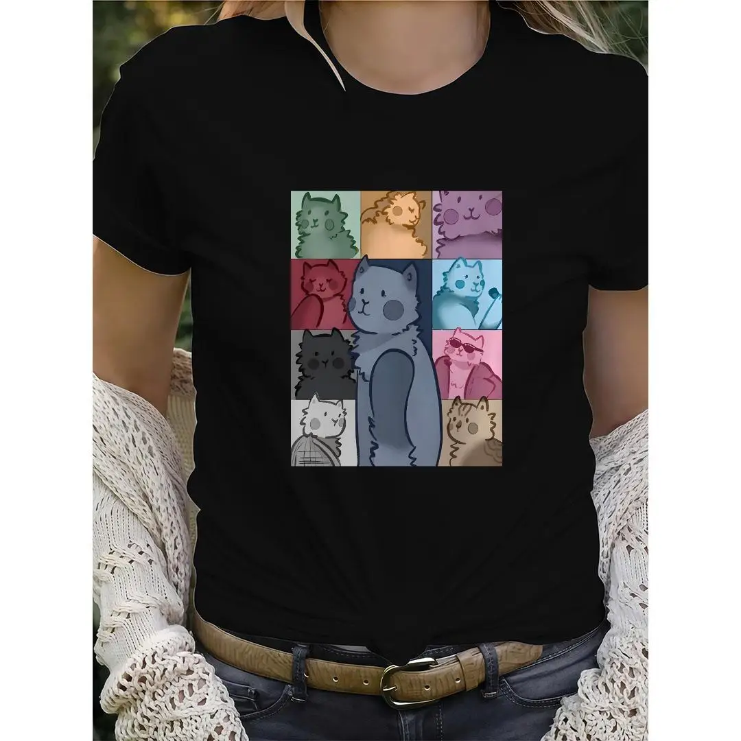 

Women's Multi-Expression Cat T-Shirt Funny Cartoon Kitty Print Tee Cute Emotional Meme Short Sleeve Graphic Top Casual Summer