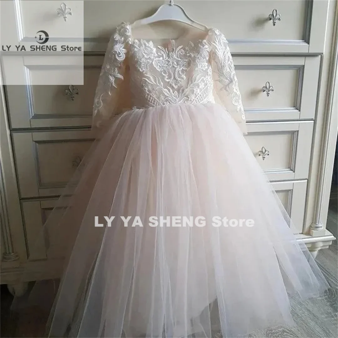 Champagne Lace Flower Girl Dress Detachable Trailing Children Kids Baby Girl for Wedding Birthday Party First Communion Dress