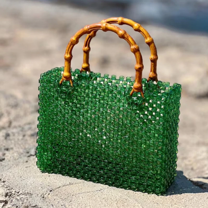 

Fashion Vacation Beach Small Square Bag Niche Design Bamboo Woven Handbag Handmade Beaded High-end Women's Bags Customizable