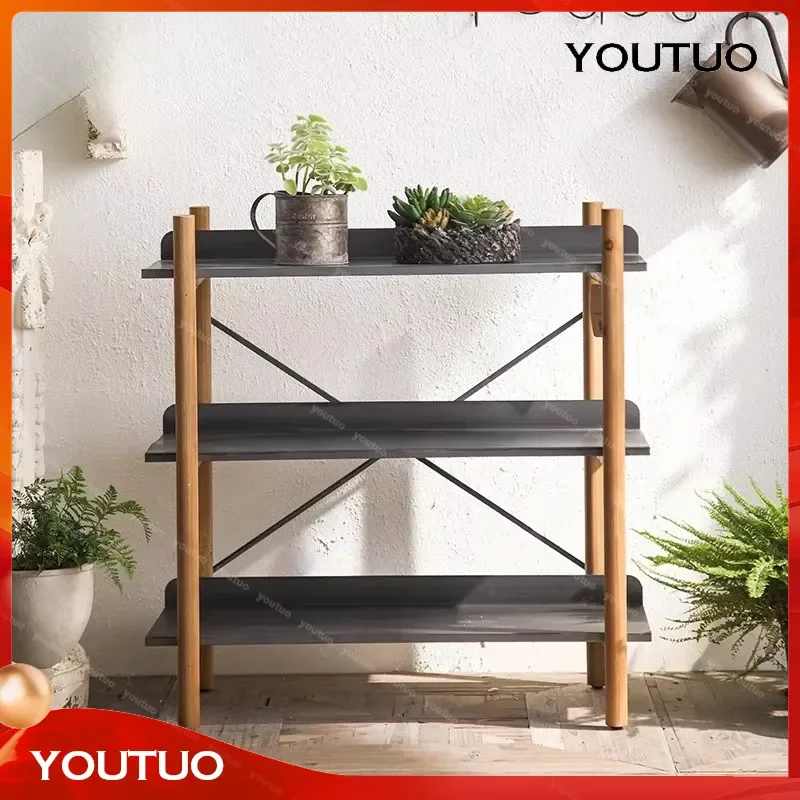 Modern Simple Retro Balcony Flower Stand for Living Room Sofa Side Snack Rack Garden Wrought Iron Multi Layer Storage Shelf