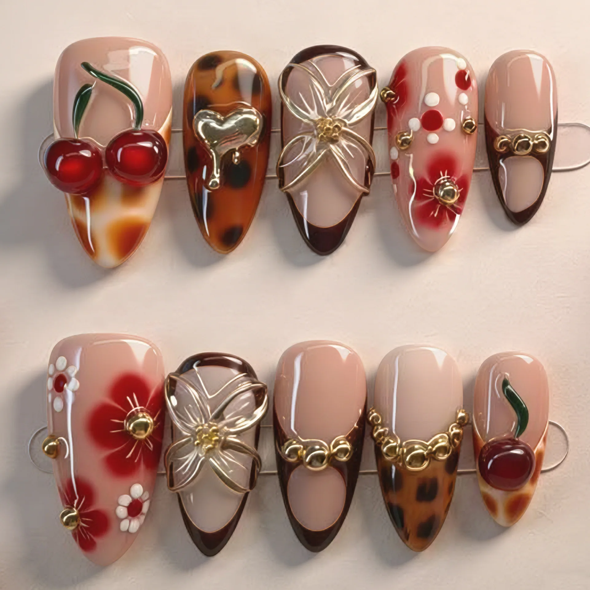 

24PCS Cherry Gilded Floral Almond Shape Press on Nails Smudged Leopard Advanced French Hand Set Diamond Nail Art Sweet Spicy네일팁