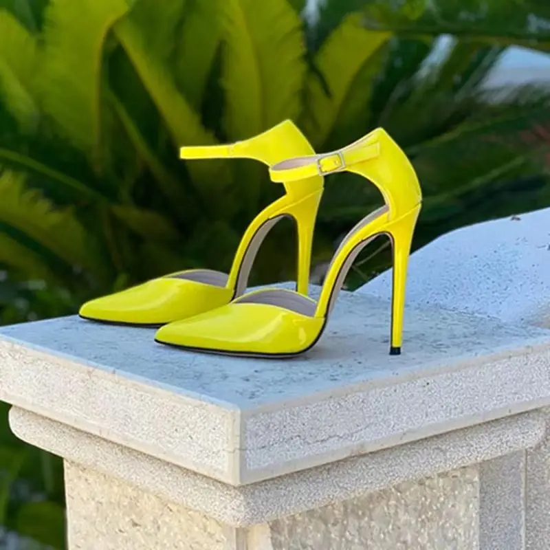 

Fashion Ankle Strap Stiletto Heels Dress Shoes Yellow Red Black Patent Leather Pumps Cut-out Celebrating Party Shoes Drop Ship