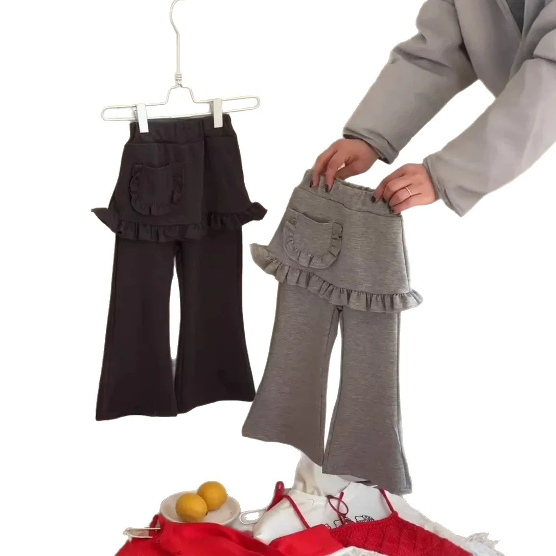 2026 Spring New Girls Casual Pants Korean Fashion All-Match Flared Pants with Ruffles Hem for Toddler Girls for 90-130cm