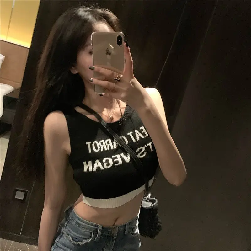 

Black White Slimming Letter Sexy Sleeveless Short Suspender Knitting Vest Women Summer New Bottom Casual Women Tanks Tops