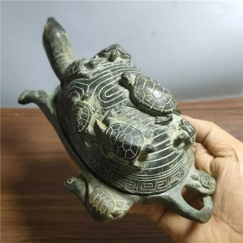 China Antique Bronze Longevity Turtle Give Birth 9 Sons Auspicious Ornaments