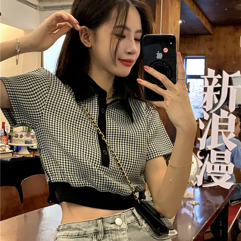 

Ретро клетчатые футболки женские летние укороченные топы милые популярные женские модные универсальные корейские стильные романтические каникулы стильные повседневные Ins