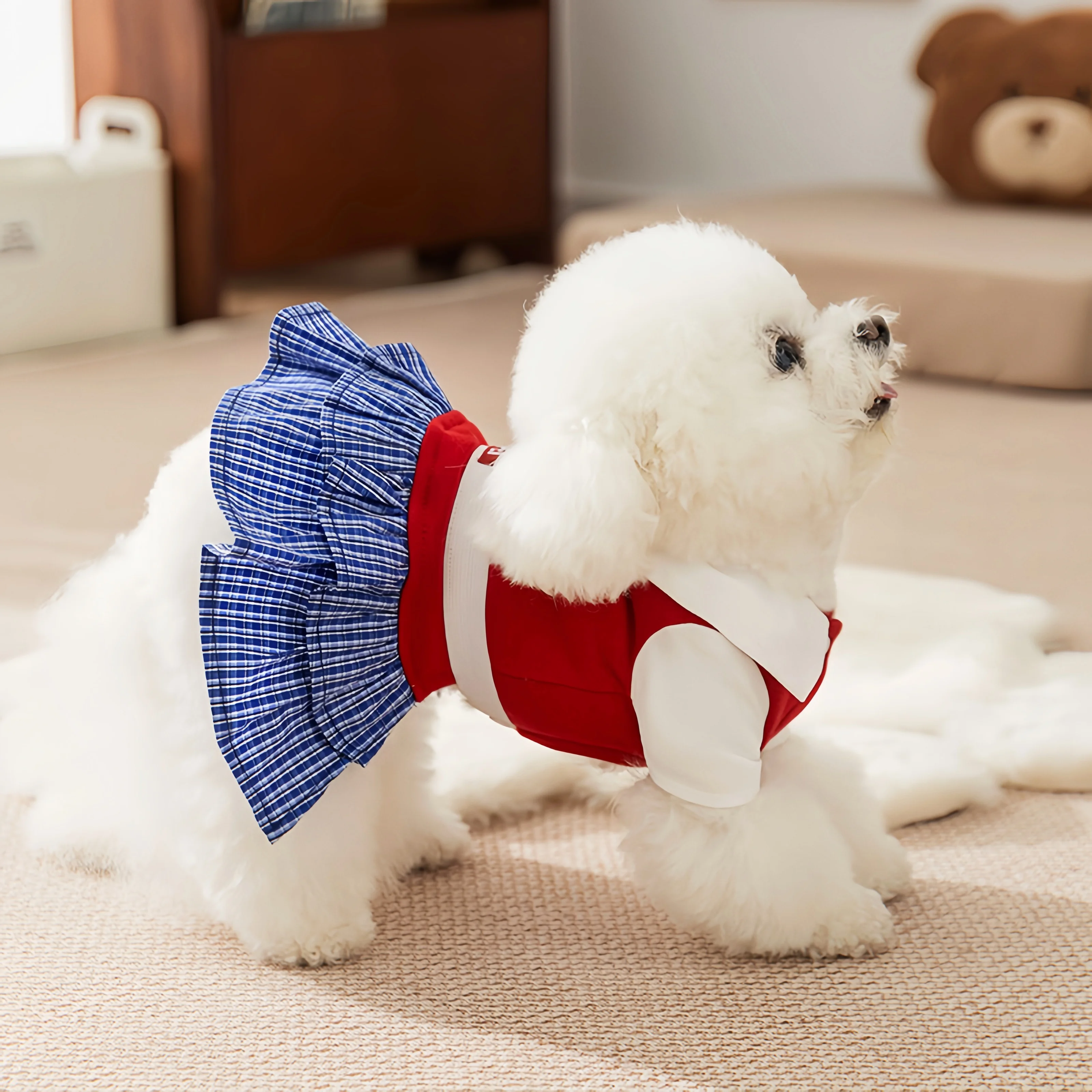 

Dog Dress for Small Pets with White Collar and Pearl Bowknot Adorable Red Blue Plaid Winter Skirt Comfort Fit for Puppy Party