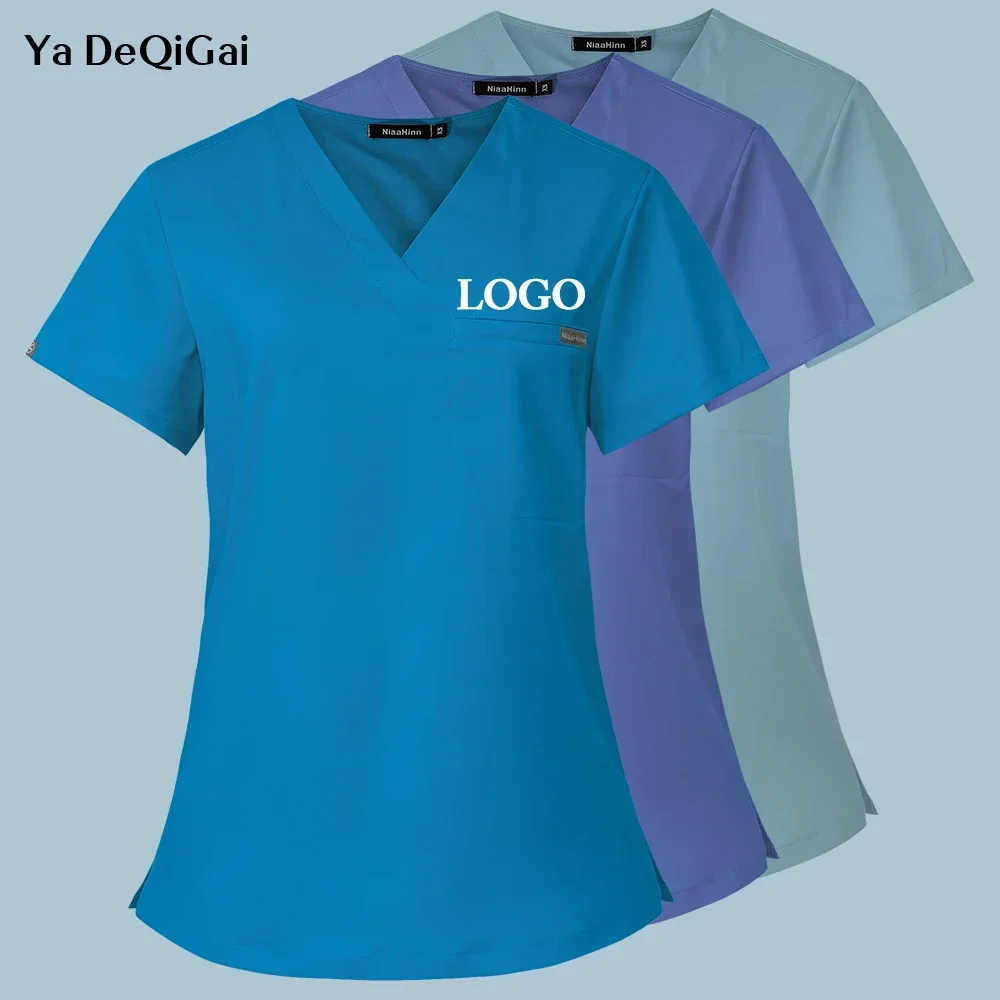 Mulheres homens laboratório workwear uniformes de enfermeira esfrega topo manga curta bolso camisetas blusa de enfermagem médica uniformes de beleza t