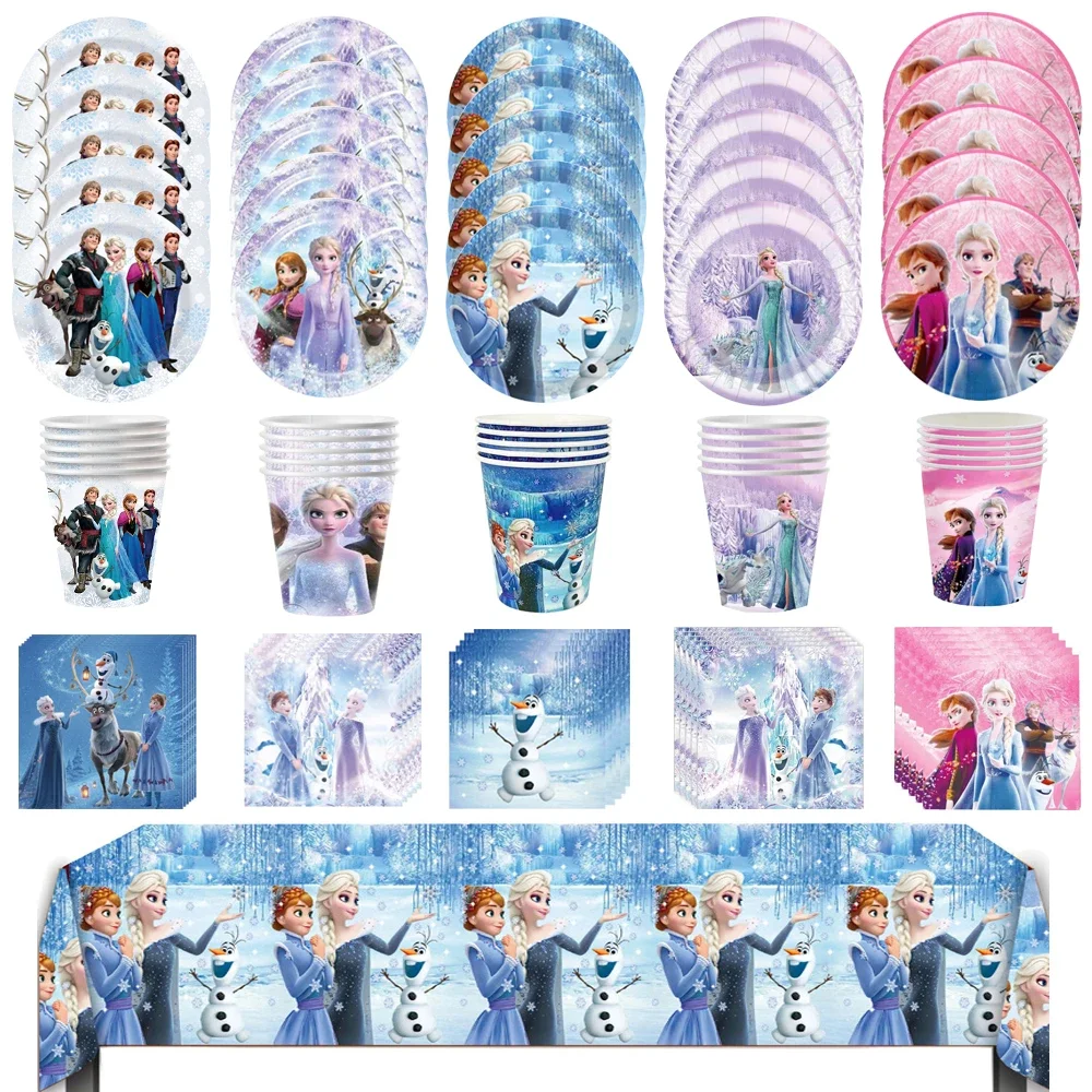 Disney Elsa Birthday Party Decorations Disposable Tableware Cup Plate Napkin Anna Girls Kids Baby Theme Gathering Supplies