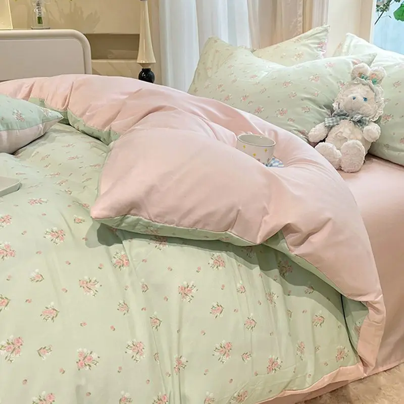 

Pastoral Small Floral Bedding Set Sheet Quilt Cover Washed Cotton Four-piece Set Single Double Bed Fitted Sheet Bedding