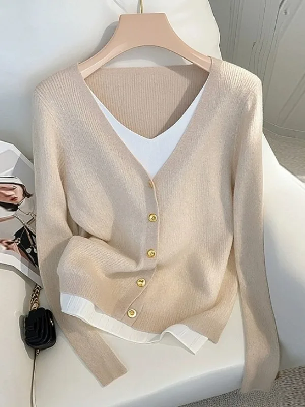 

Autumn Women's Wheat Color V-ne Knitted Sweater Long Sve Fake Two-Piece Loose Fit Comfortable Knitwear Faion Sle