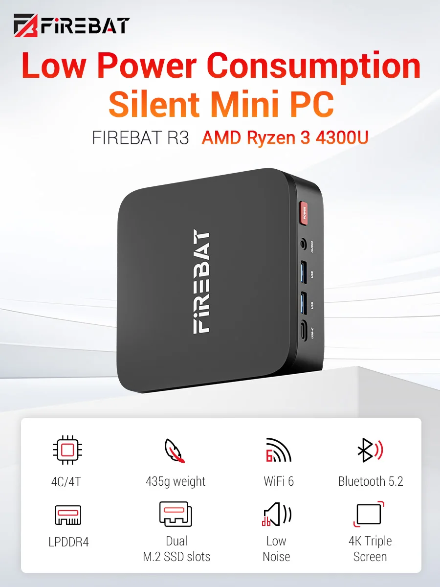 FIREBAT 2026 Mini PC R3 AMD Ryzen 3 4300U LPDDR4 8GB 16GB RAM 256GB 512GB SSD Windows11 Pro Wifi6 BT5.2 Support 4K 60Hz Desktop Computer