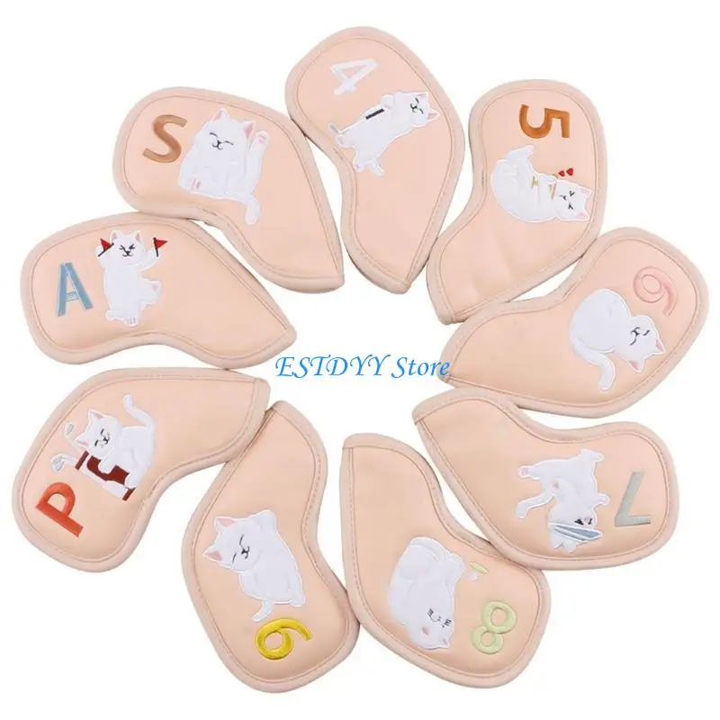 G6DE 9Pcs Golf Club Covers Case Golf Iron Head Cover Golf Rod Head Protector Cats Pattern PU Protective Case Headcover