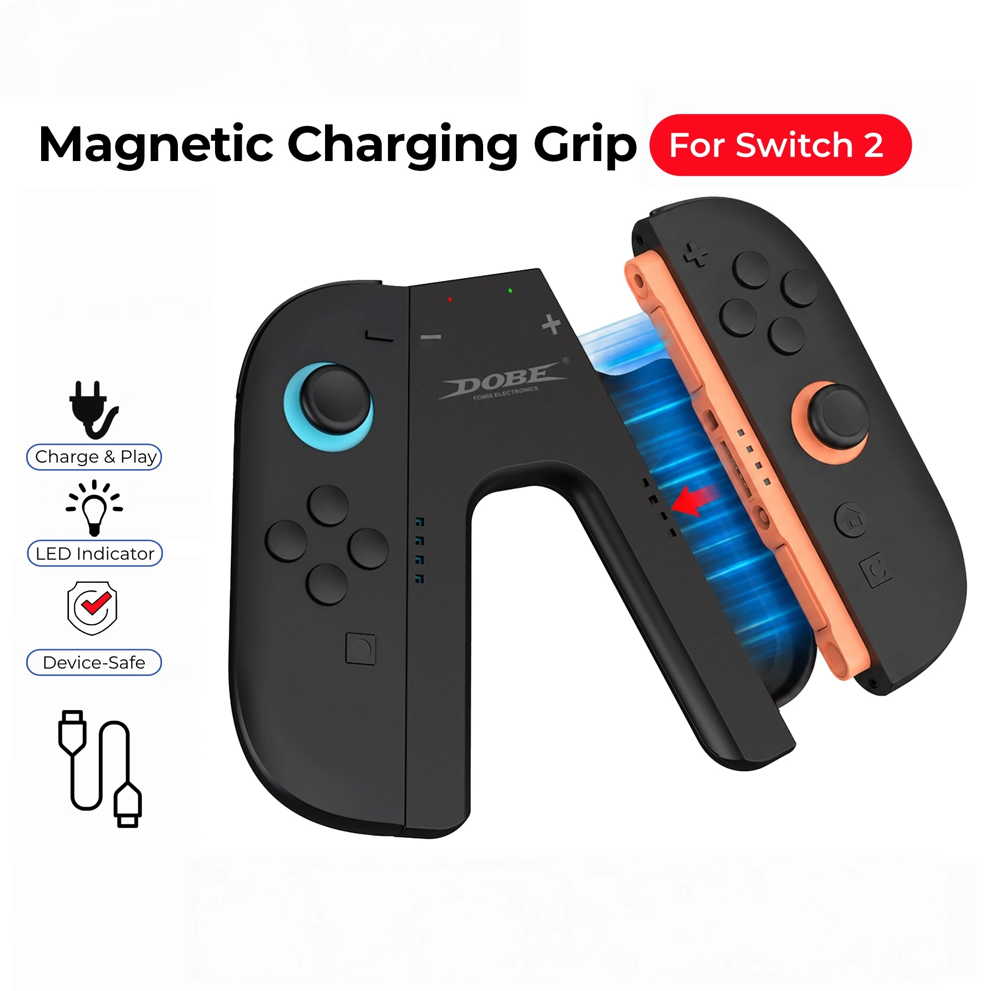 Magnetic Charging Grip for Switch 2 Joy-Con – Ergonomic Handle with LED Indicator, Charge & Play, Device-Safe