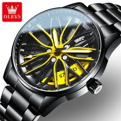 OLEVS Rotation Rim Hub Sports Car Watch Men Watches Waterproof Stainless Steel Wheel Quartz Wristwatch Men with Luminous Hands