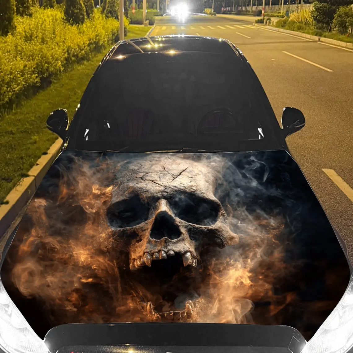 Car Decals Skull in Smoky Flame Effect Car Hood Sticker, Waterproof Self - Adhesive Vinyl Graphics Decals, Decorative Protective