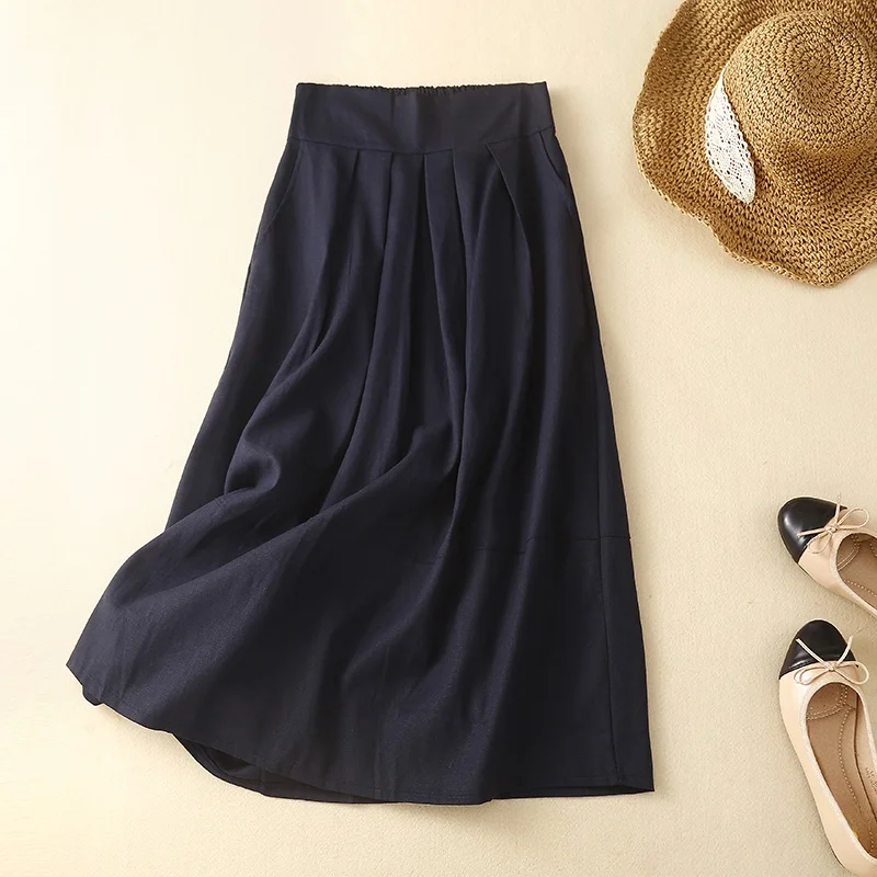 

Новая летняя художественная юбка трапециевидной формы в стиле ретро, однотонная, с эластичной резинкой на талии, повседневная юбка средней длины из смеси хлопка