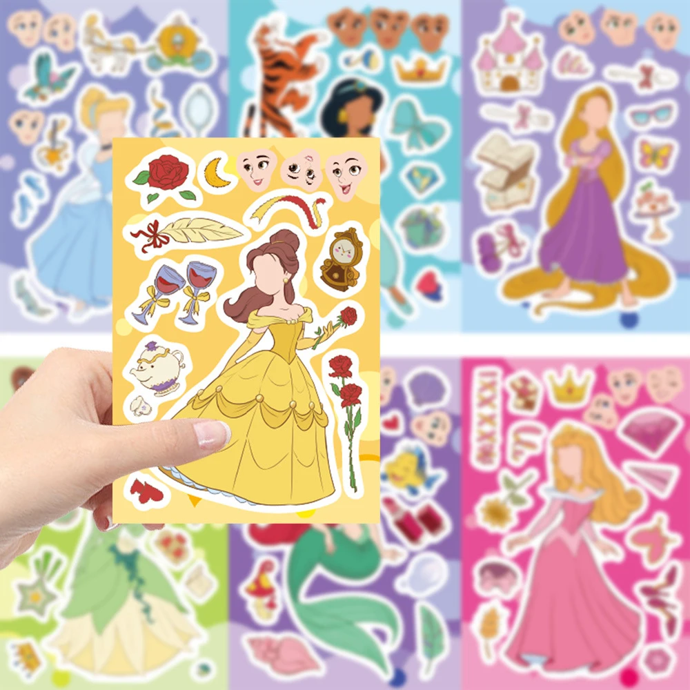 8/16 ورقة ديزني لطيف الأميرة لغز ملصقات الكرتون جعل وجه بانوراما الشارات الأطفال DIY بها بنفسك تجميع التعليم ملصق لعبة #6