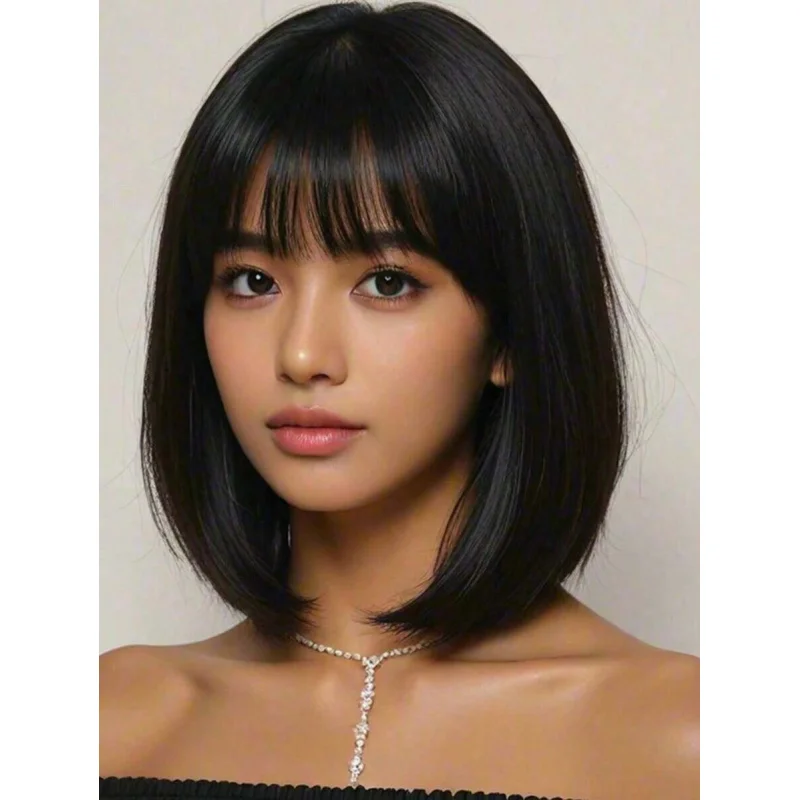 

Черный парик-боб – короткий черный прямой парик-боб с челкой для женщин, парик для коротких волос, милый синтетический парик для косплея, на каждый день