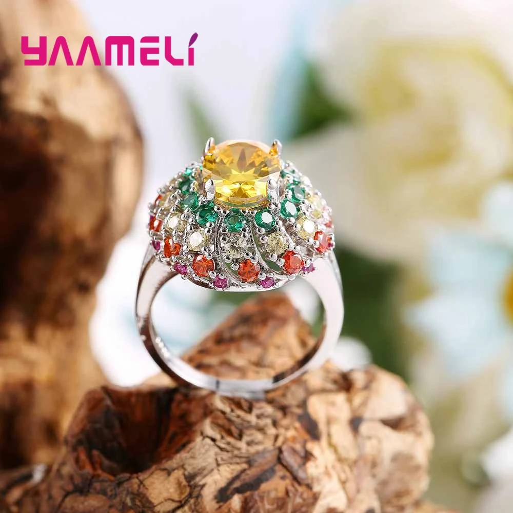 Stylish Luxury Style Colorful Crystal Cubic Zirconia With Yellow Stone 925 Sterling Silver Rings For Women Gift