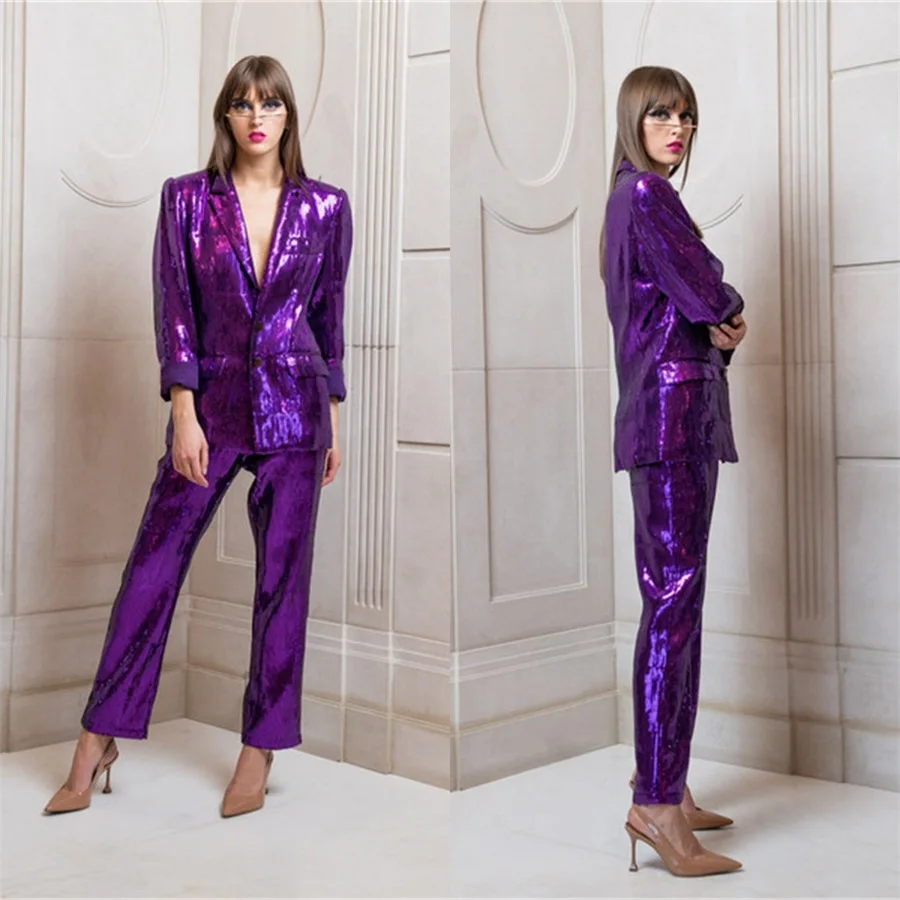 Eleganti abiti da donna con paillettes glitterate 2 pezzi Blazer + pantaloni set Sexy monopetto formale da sera su misura