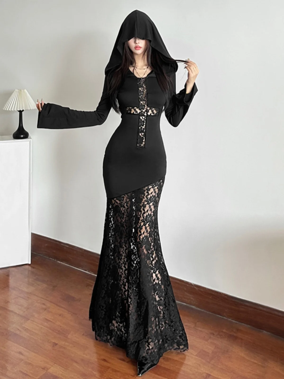 Sisjuly Halloween Witch Sle Hollow Out Cross Design Kapuzen Dr Damen Vintage Crossbody Long Sve Maxi Dr