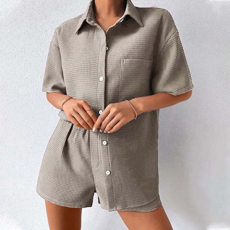 Women Two Pieces Suits Turn Down Collar Short Sleeve Blouses Top With Mini Shorts Summer  Casual Home Clothes Ladies Outfits