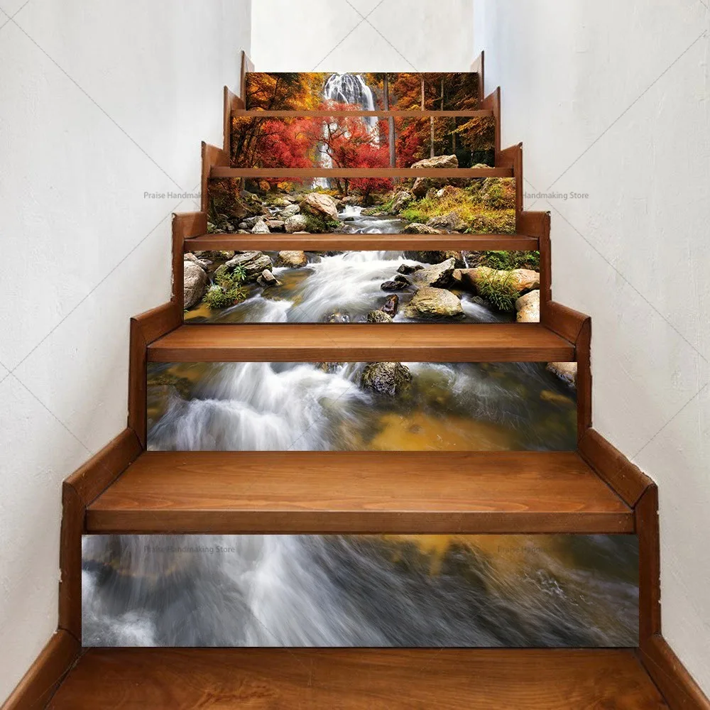 6/13pcs Alpine Flowing Water Landscape Staircase Sticker Self-adhesive Removable Peel-off Home Decoration Painting