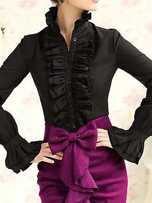 High Ne Ruffled da donna irt Street Sle Slim Fit Long Sve Bell Sve Chiusura con bottoni in puro colore Casual Faion