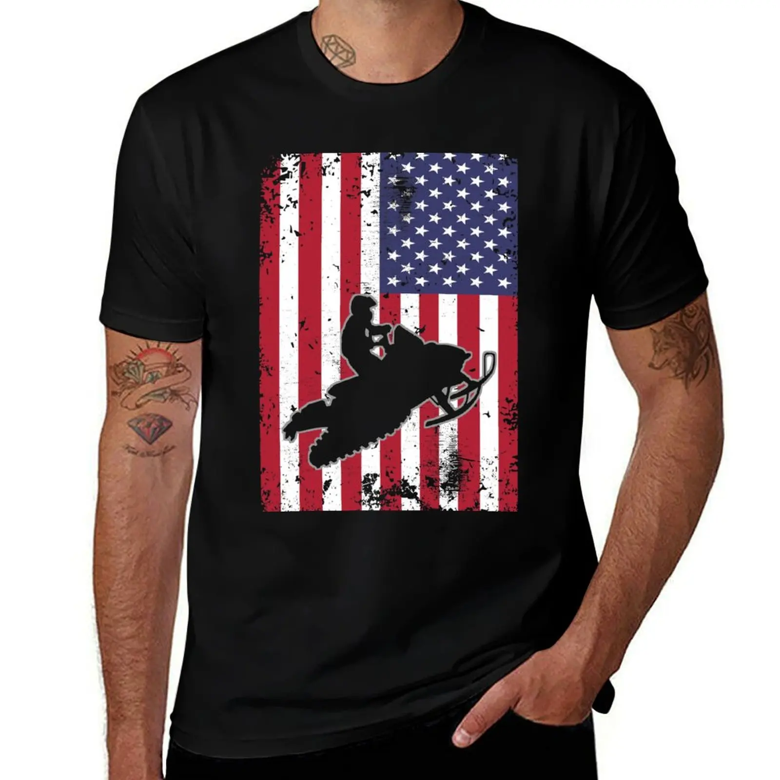 snowmobile rider usa us flag sled vintage T-Shirt men t shirt cotton 100% T-Shirt
