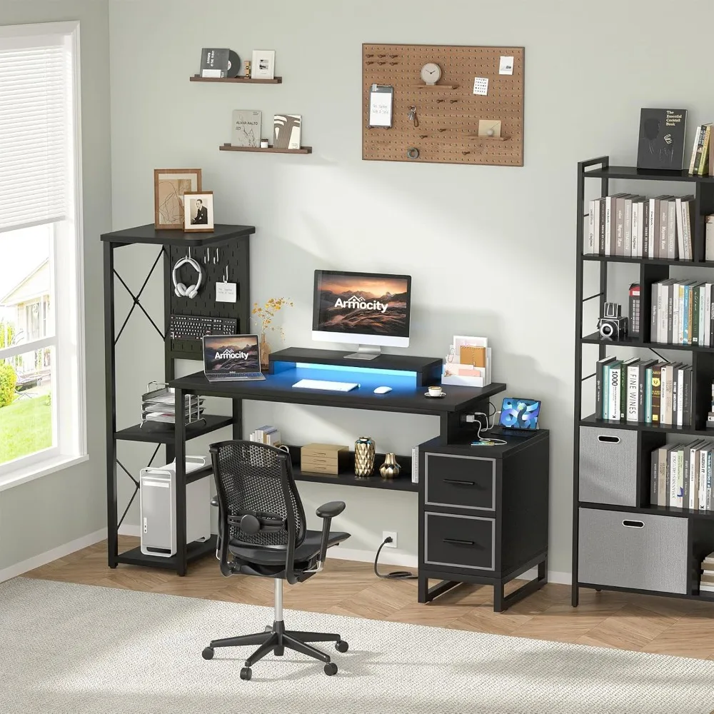 

53" Reversible Computer Desk with Power Outlet & LED Lights, Writing Desk with Monitor Stand & Storage Shelves, Black