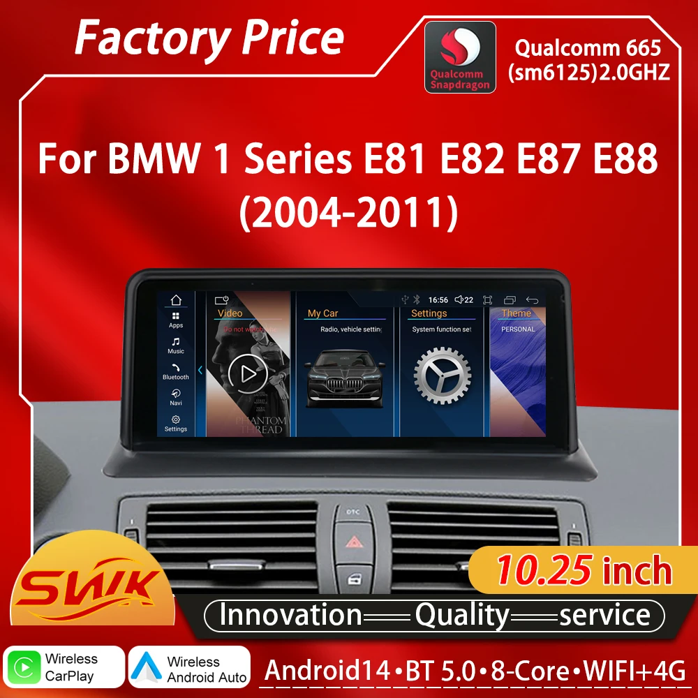 CarPlay inalámbrico Android14 para BMW 1Series E81 E82 E87 E88 10,25 "Qualcomm Snapdragon reproductores de vídeo para coche Radio Multimedia GPS