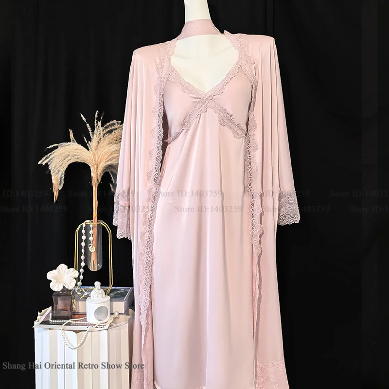 chinese dress ladies Smooth Silk Lace See Through White Pink Nightdress Nightgown Robe   Sugarplum Store