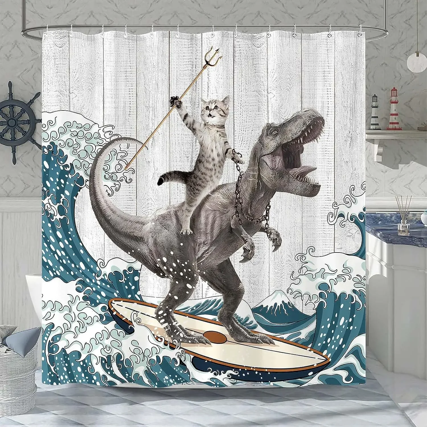 Funny Shower Curtain Brave Cat Cartoon Shower Curtain Waves Ocean Decor Fabric Shower Curtain Set with Hooks Bathroom Decoration