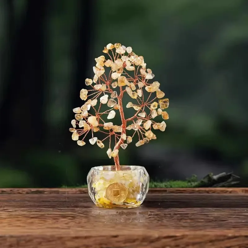 Crystal Fortune Tree Decoration - Lucky Feng Shui Decoration, Coins and Gemstones for Home and Office (Diamond Bowl Base)