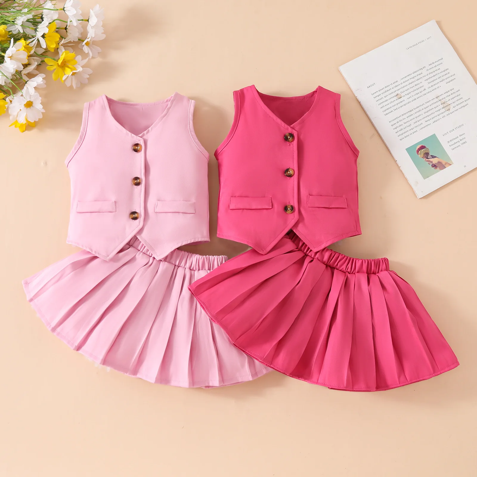 

2pcs Kids Baby Girl's Elegant Suit Sleeveless Pink Top and Pleated Skirt Sets Summer Fashion Toddler Girl Clothes Outfit
