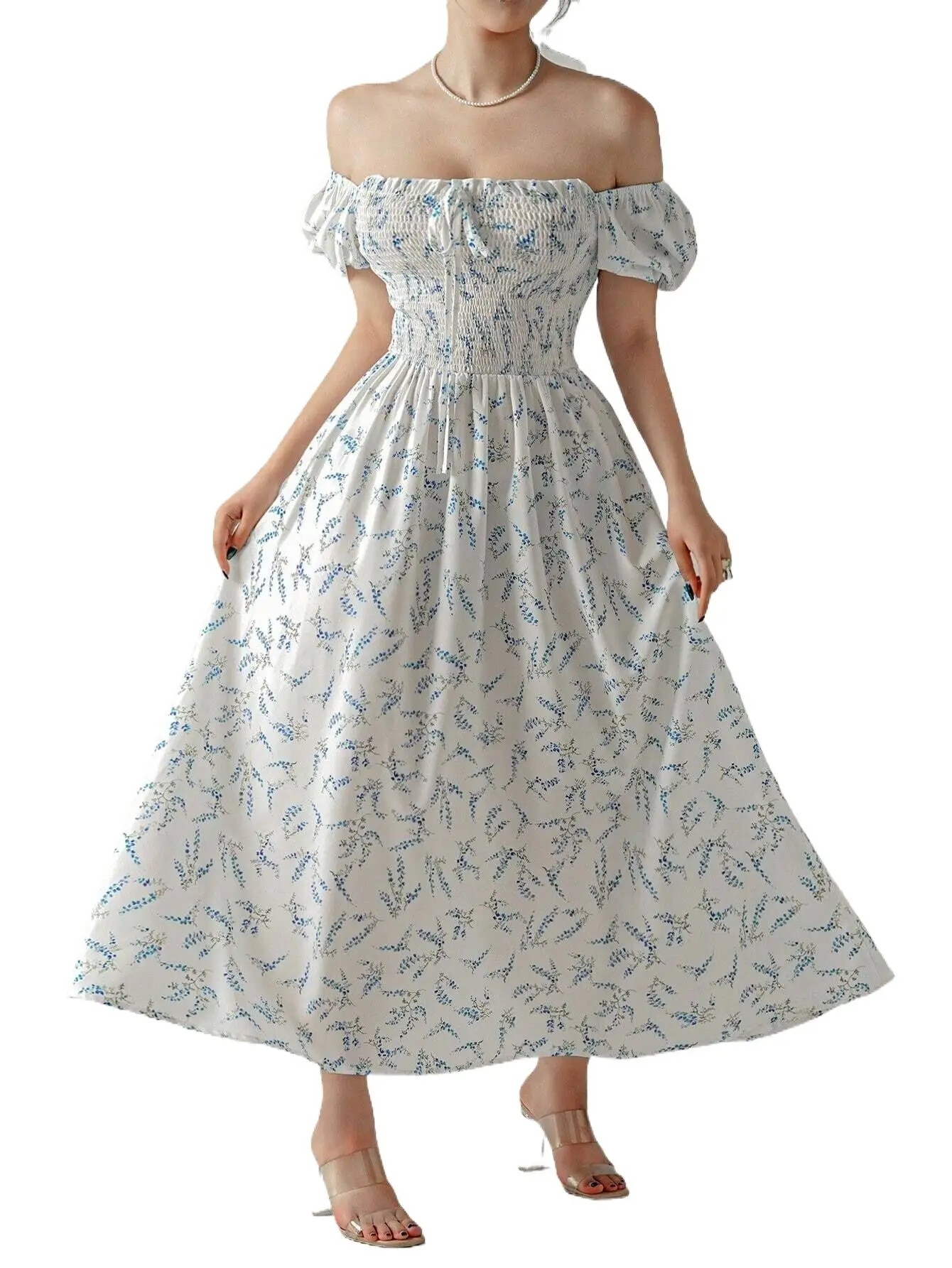 Vestido de verano con estampado Floral para niña, cuello redondo, manga abombada, falda con cuello cuadrado, corte en A, cintura alta, cuello oblicuo, Tops para mujer