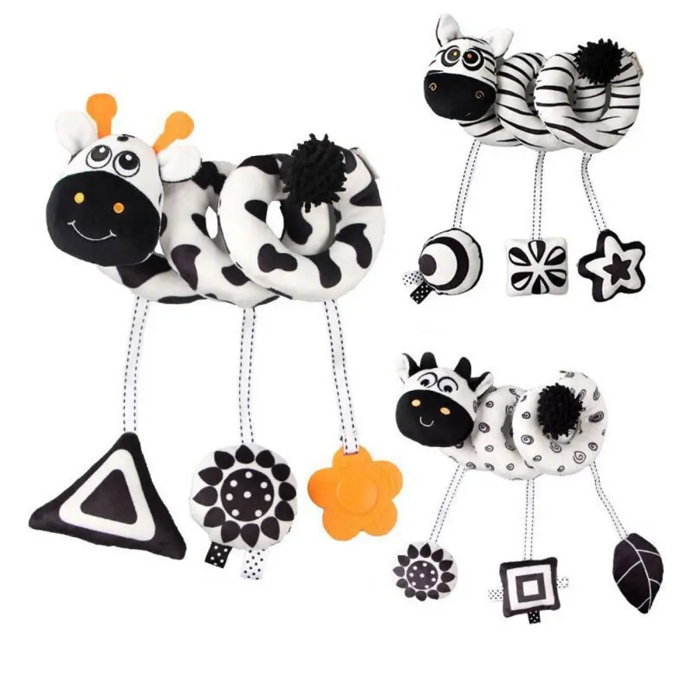 Animal-shaped Baby Stroller Hanging Pendants with Strap Rattle Baby Wind Chime Toy Comfortable To Touch Black and White - Image 3