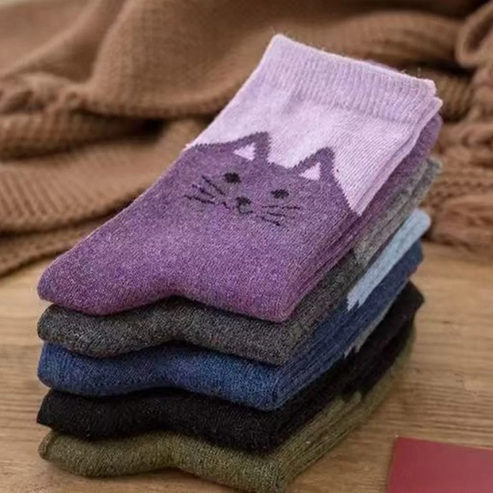 5 Pairs Soft Breathable Cotton Crew Socks Elastic Cuff Skin Friendly Cartoon Cat Socks Jacquard Wear Resistant Mid Calf Socks