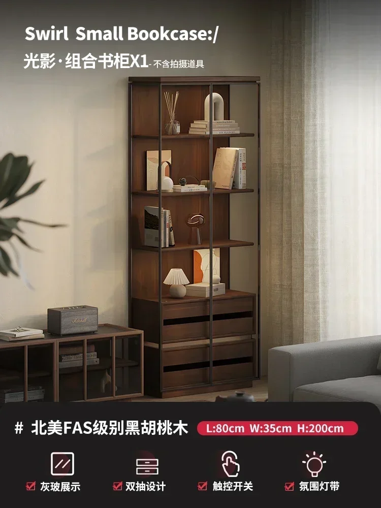 

20031Solid Wood Floor Bookcase Black Walnut Display Cabinet Made of Glass Entire Wall Living Room Tea Set Assembled CabinetQ