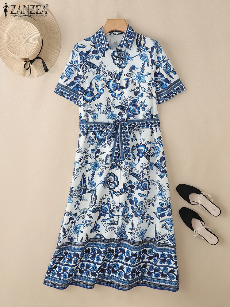 ZANZEA Casual Tie Waist Maxi Dresses Summer Short Sleeve Women Fashion Vestidos Elegant Floral Printing Collared Shirt Dress