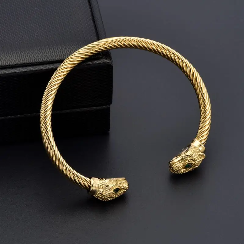 Luxury Brand Leopard Head Stainless Steel Open Men Women Cuff Bangles Trendy Mesh Surface Chain Link Bracelets Jewelry Gift