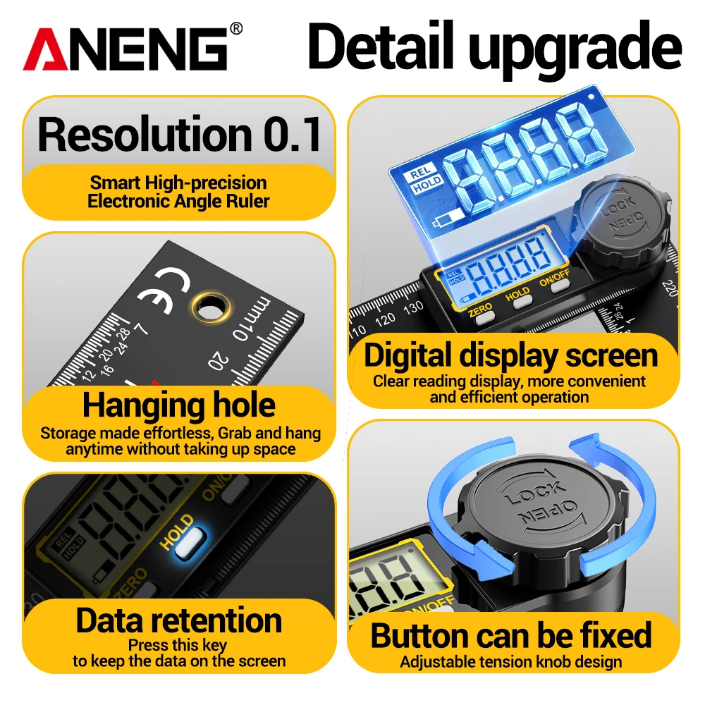 ANENG RC01 Digital Protractor Angle Gauge 0.0‑999.9° Zero Reset Data Hold Auto Shut‑Down Precision Woodworking Measurement Tool