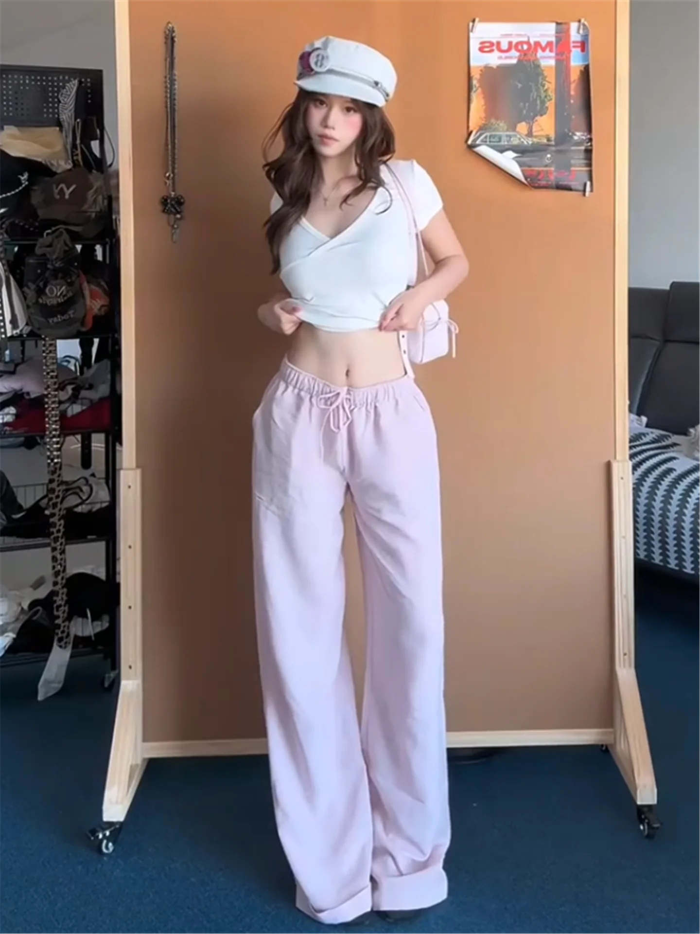 

American Vintage Low Waist Loose Fit Lightweight Summer Linen Casual Pants Women's Straight Leg Pants Pink Color