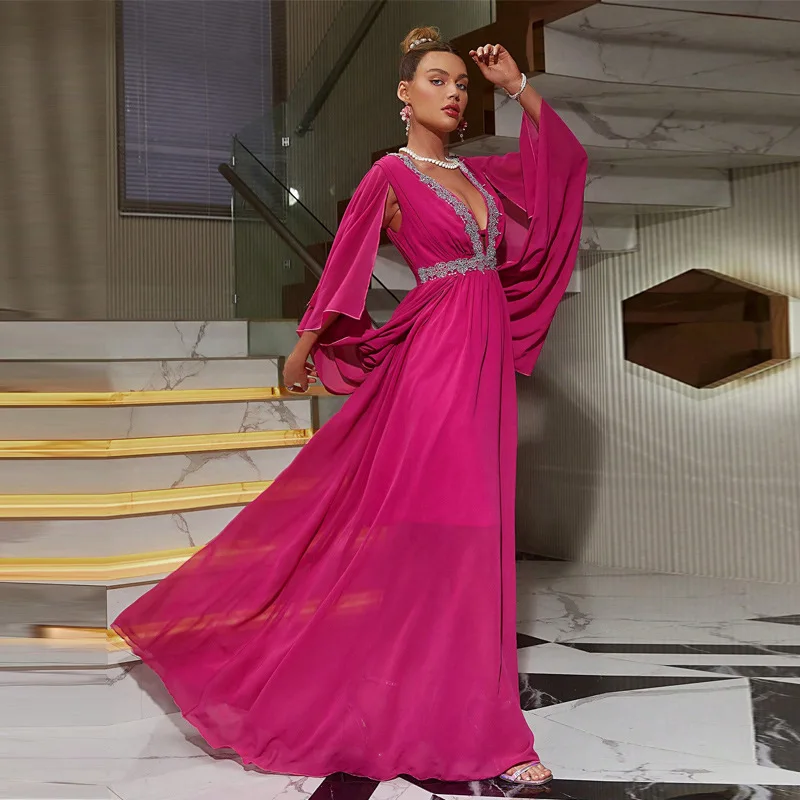 

Sexy Deep V Neck Slim Fit Long Dress African 2023 Women Chiffon High Waist A-Line Skirt Robe Banquet Party Evening Formal Dress